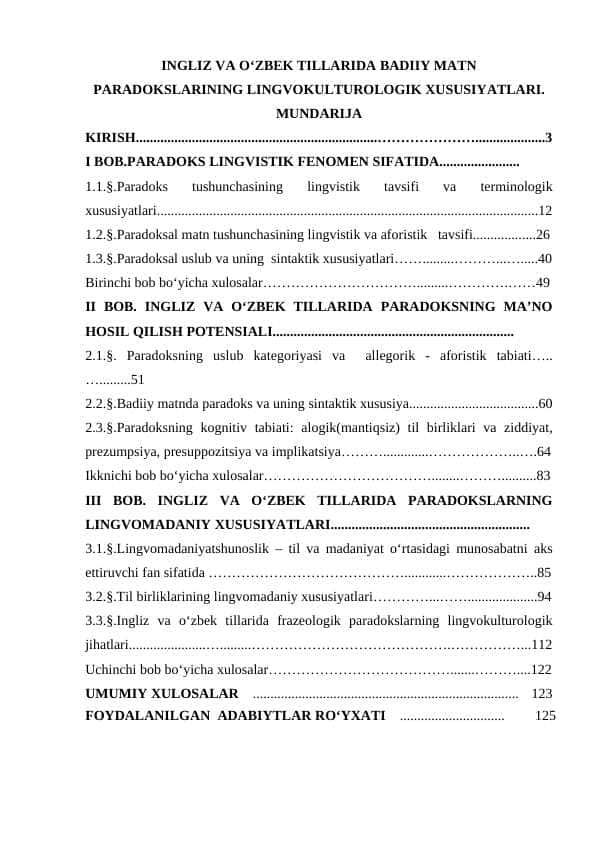 INGLIZ VA O‘ZBEK TILLARIDA BADIIY MATN PARADOKSLARINING LINGVOKULTUROLOGIK XUSUSIYATLARI