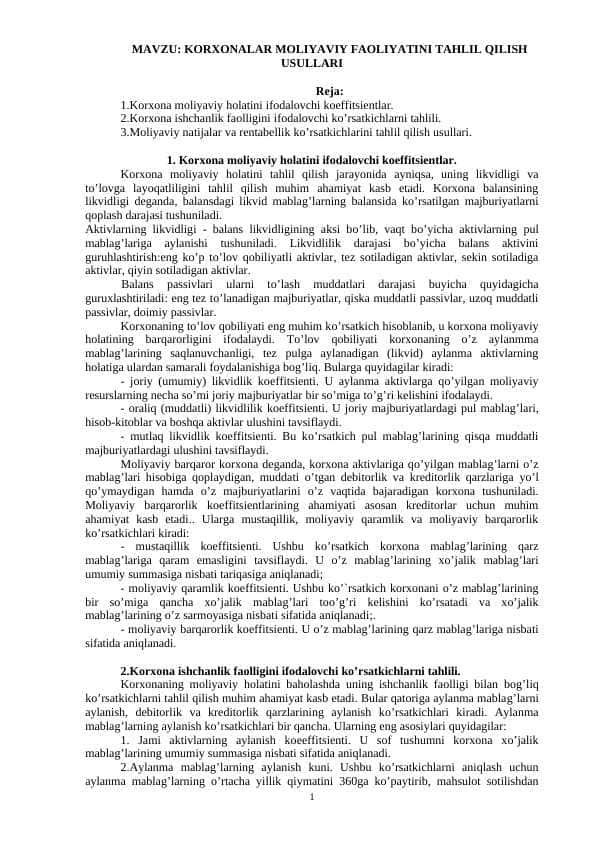 KORXONALAR MOLIYAVIY FAOLIYATINI TAHLIL QILISH USULLARI