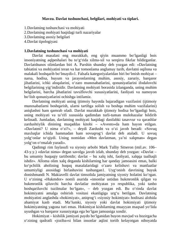 Davlat tushunchasi, belgilari, mohiyati va tiplari