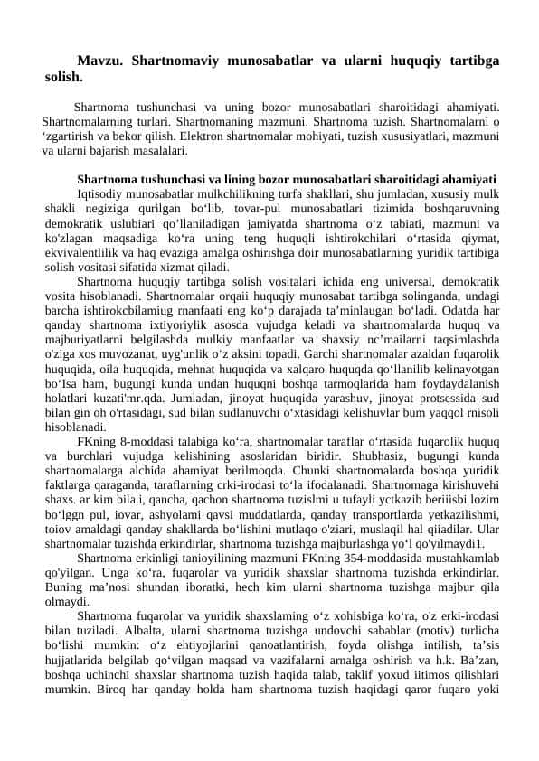 Shartnomaviy munosabatlar va ularni huquqiy tartibga solish.