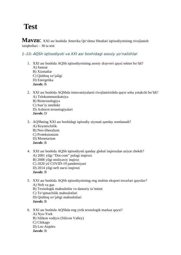 Mavzu: XXI asr boshida Amerika Qo‘shma Shtatlari iqtisodiyotining rivojlanish istiqbollari – 30 ta test