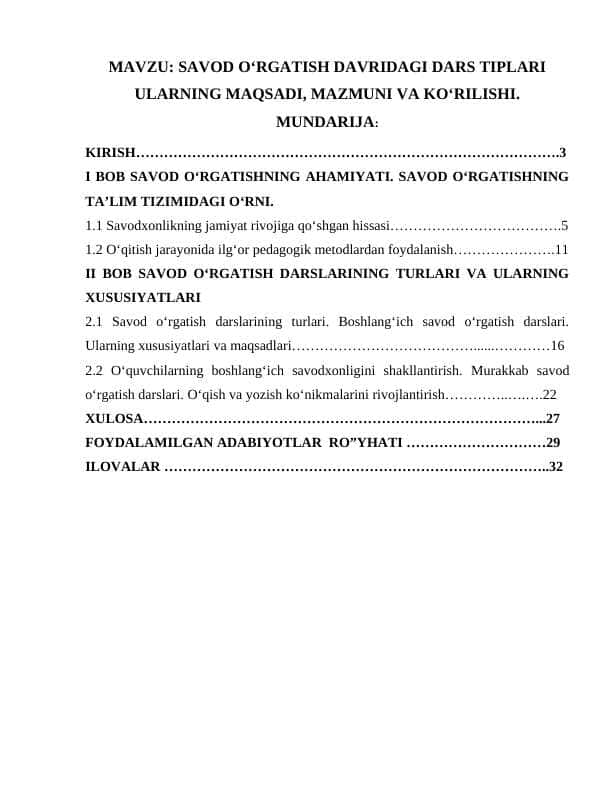 Savod oʻrgatish davridagi dars tiplari ularning maqsadi, mazmuni va koʻrilishi.