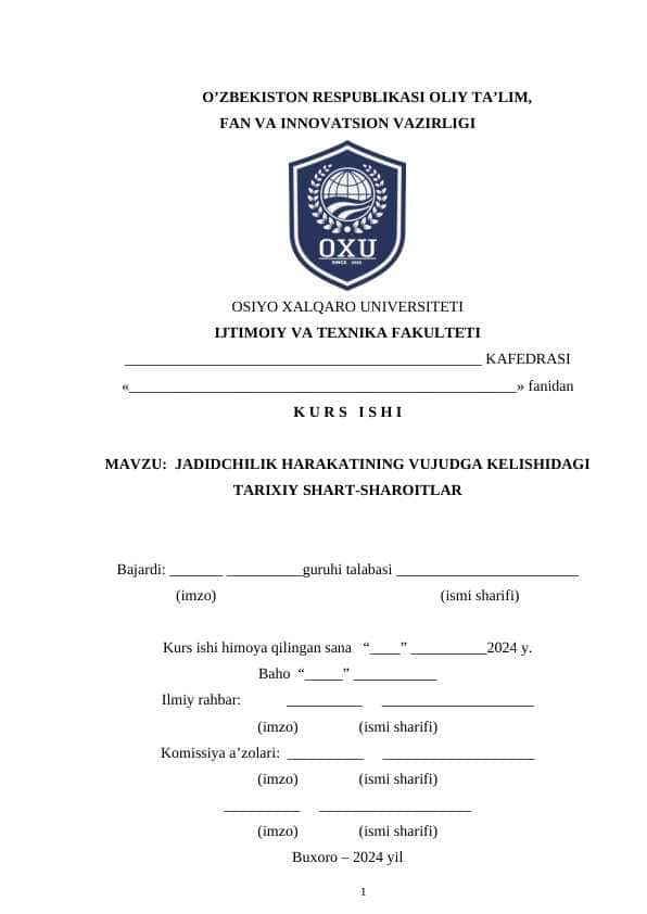 JADIDCHILIK HARAKATINING VUJUDGA KELISHIDAGI TARIXIY SHART-SHAROITLAR