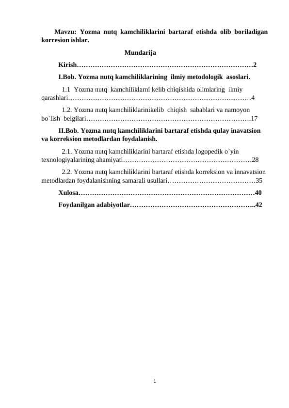 Yozma nutq kamchiliklarini bartaraf etishda olib boriladigan korresion ishlar