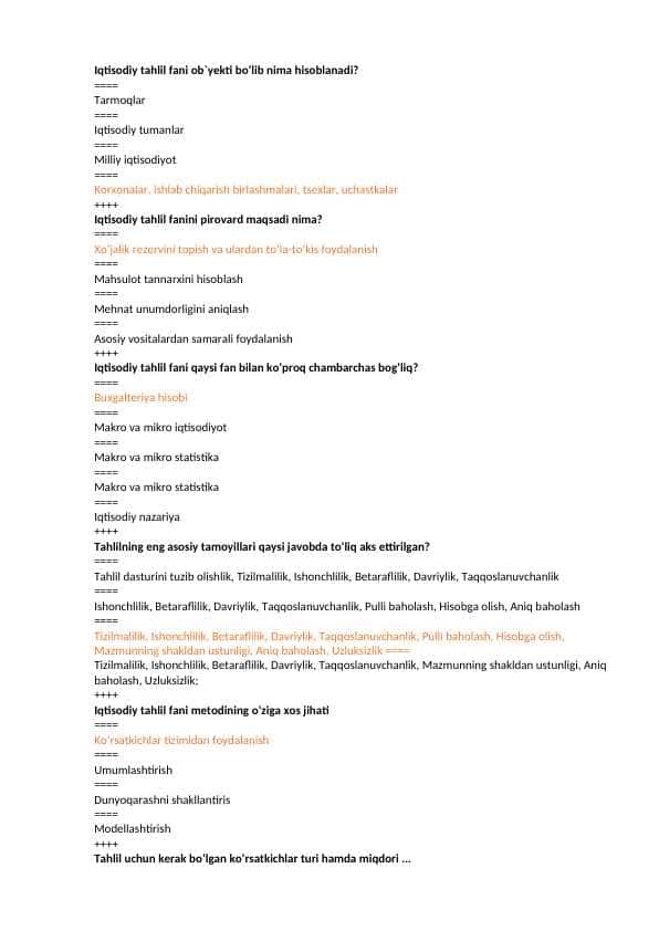 Iqtisodiy tahlil fanidan YN javoblari