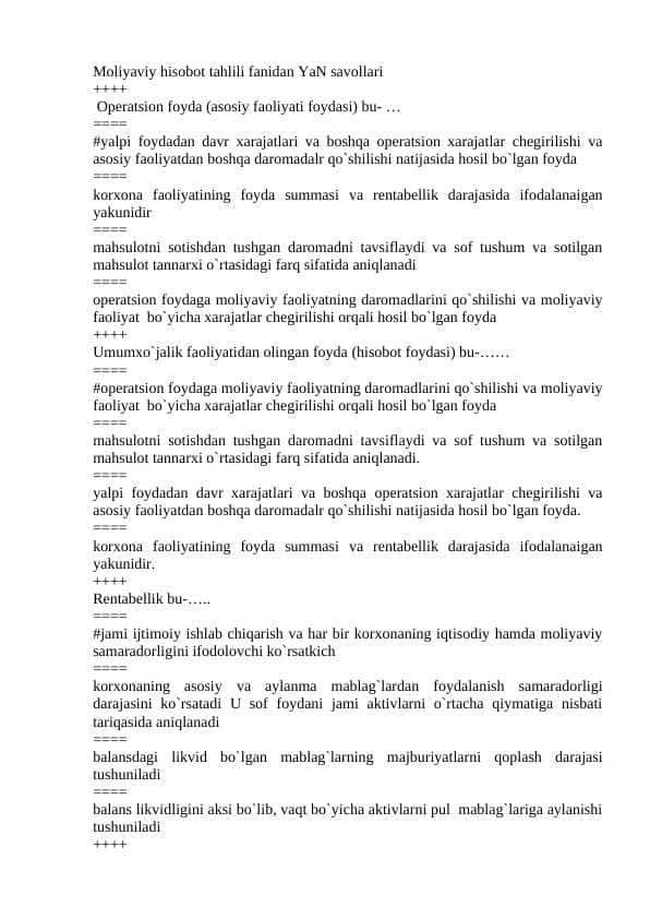 MHT fanidan YN javoblari