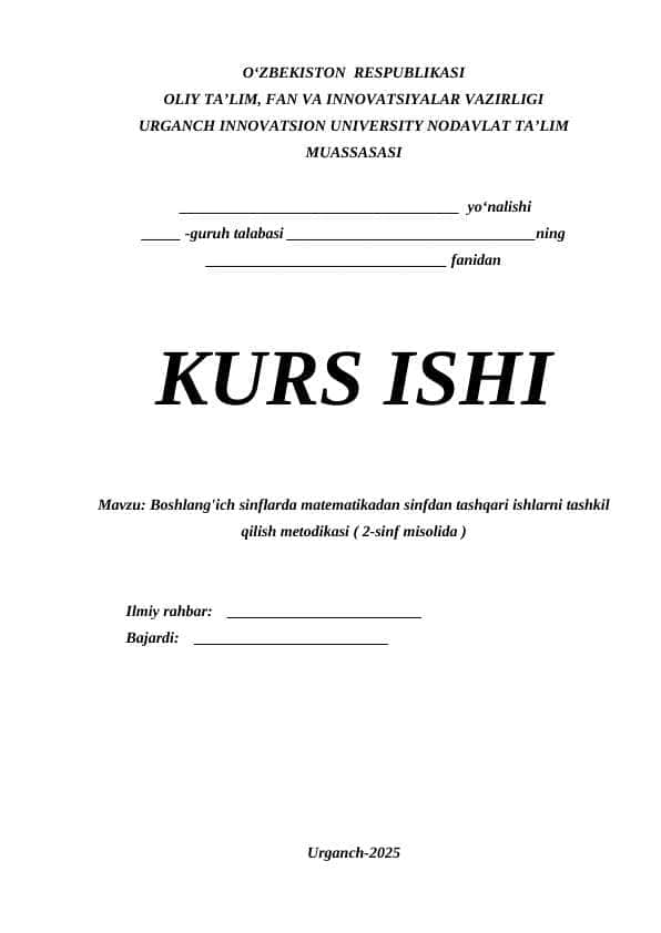 Boshlang'ich sinflarda matematikadan sinfdan tashqari ishlarni tashkil qilish metodikasi ( 2-sinf misolida )