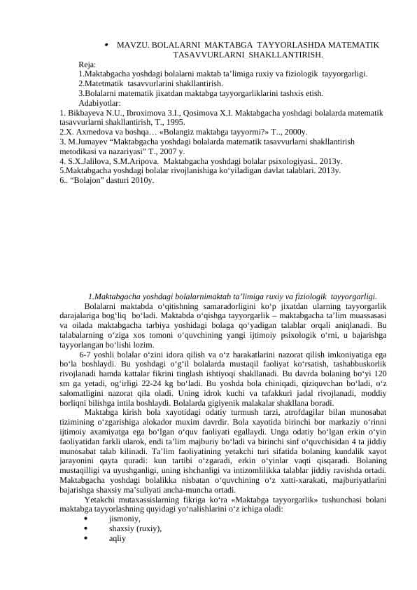 Bolalarni maktabga tayyorlashda matematik tasavvurlarni shakllantrish
