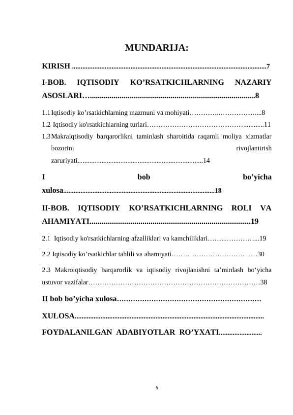 IQTISODIY KO’RSATKICHLARNING NAZARIY ASOSLARI VA RO'LI