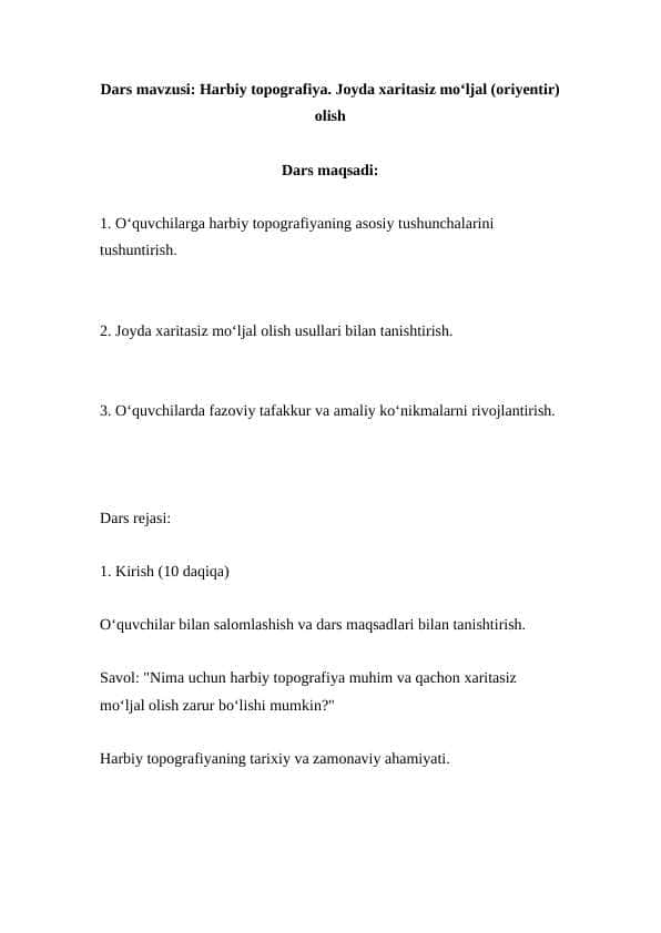 Harbiy topografiya. Joyda xaritasiz mo‘ljal (oriyentir) olish ( Dars ishlanmasi )