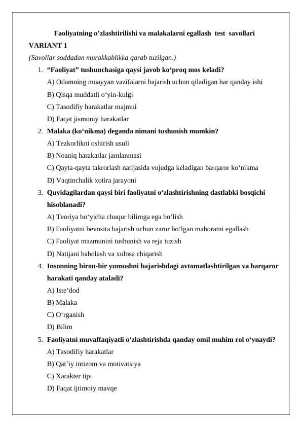 Faoliyatning o’zlashtirilishi va malakalarni egallash