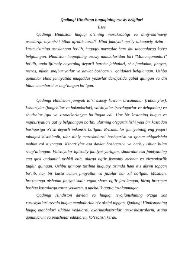 O'rta asrlarda Hindiston huquqining asosiy belgilari