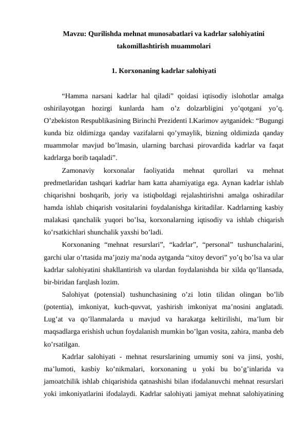 Qurilishda mehnat munosabatlari va kadrlar salohiyatini takomillashtirish muammolari