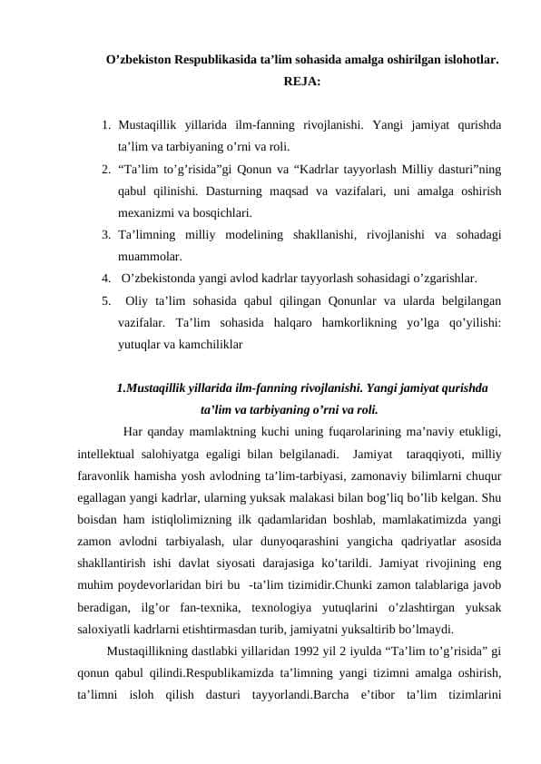 O’zbekiston Respublikasida ta’lim sohasida amalga oshirilgan islohotlar