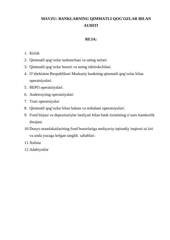 BANKLARNING QIMMATLI QOG'OZLAR BILAN AUDITI