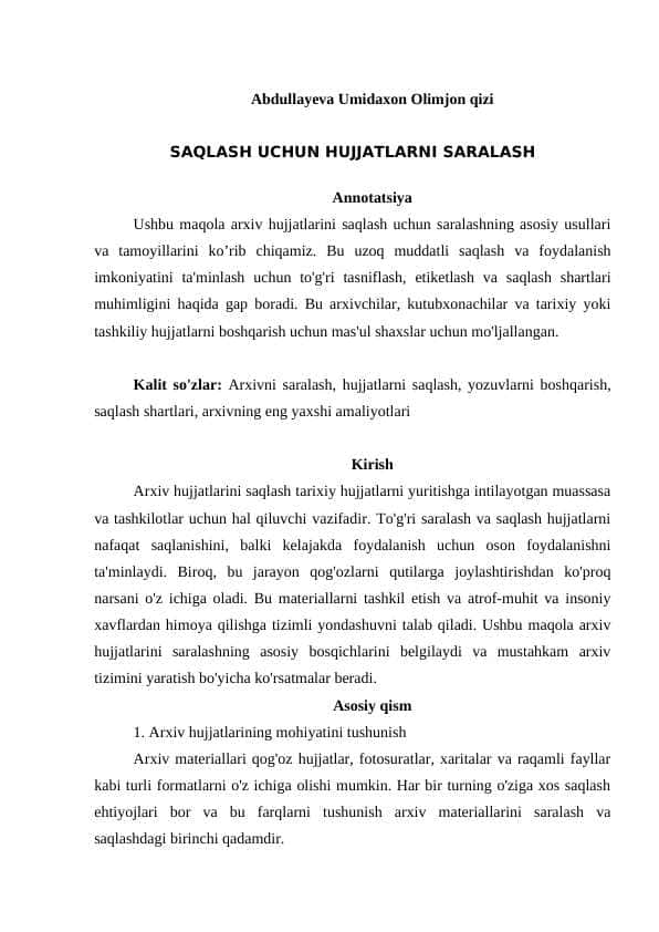 SAQLASH UCHUN HUJJATLARNI SARALASH