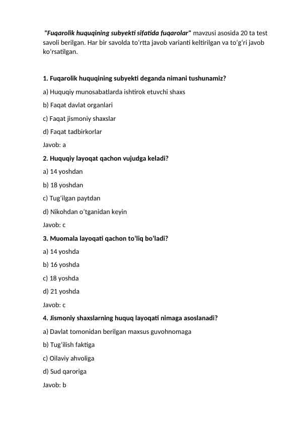 Fuqarolik huquqining subyekti sifatida fuqarolar