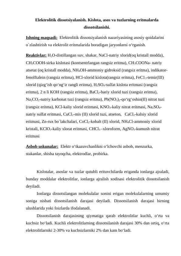 Elektrolitik dissotsiyalanish. Kislota, asos va tuzlarning eritmalarda dissotsilanishi