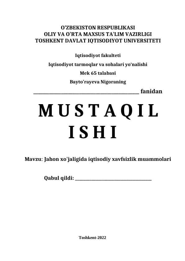 Jahon xo'jaligida iqtisodiy xavfsizlik muammolari