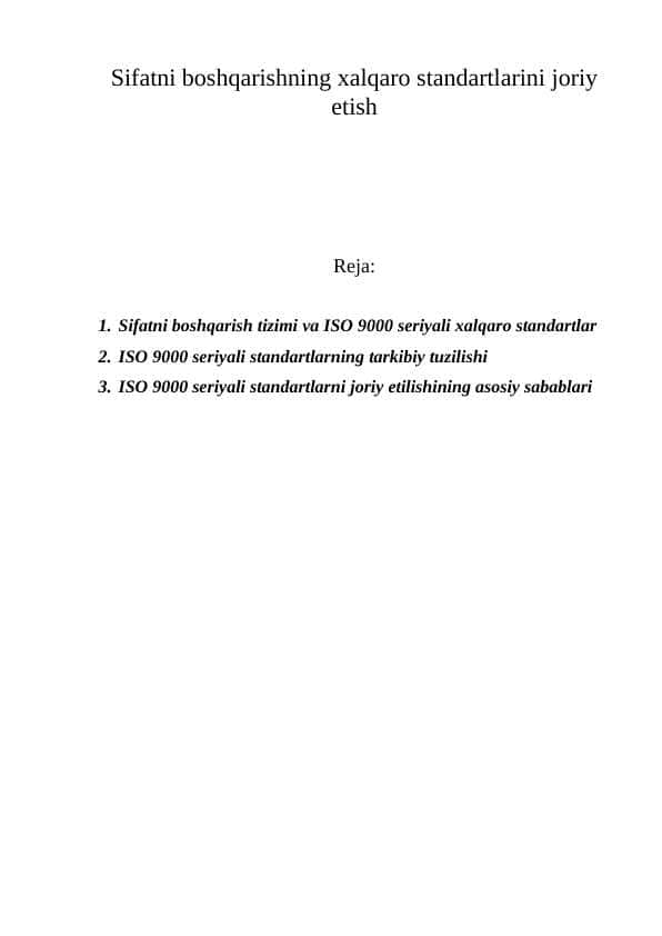 Sifatni boshqarishning xalqaro standartlarini joriy etish