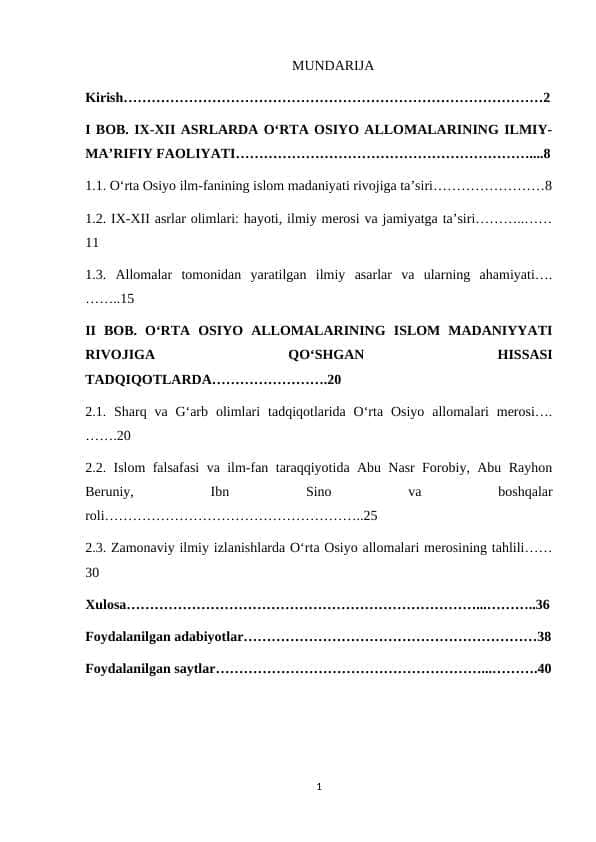 IX-XII asrlarda O‘rta Osiyo allomalarining islom madaniyatiga qo‘shgan hissasi tadqiqotlarda aks etishi. kurs ishi
