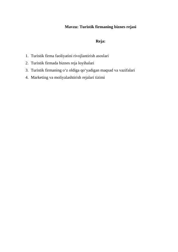 Turistik firmaning biznes rejasi