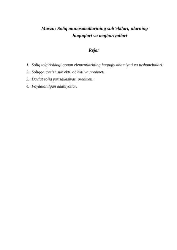 Soliq munosabatlarining sub’ektlari, ularning