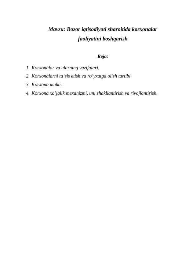 Bozor iqtisodiyoti sharoitida korxonalar faoliyatini boshqarish