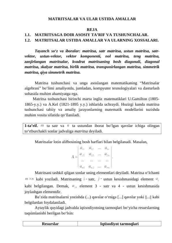 MATRITSALAR VA ULAR USTIDA AMALLAR