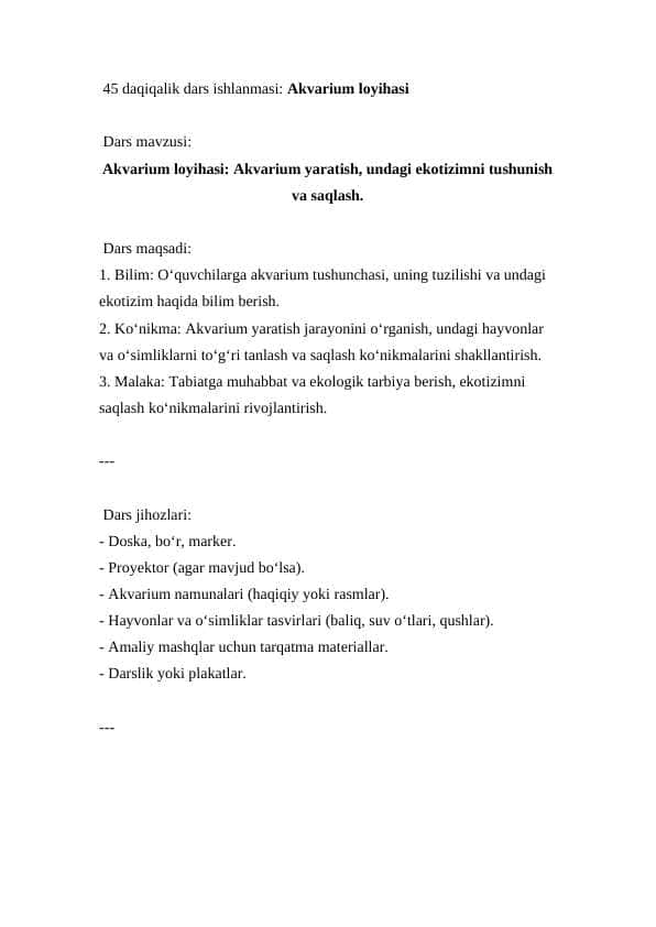 Akvarium loyihasi. Akvarium yaratish, undagi ekotizimni tushunish va saqlash ( Dars ishlanmasi )