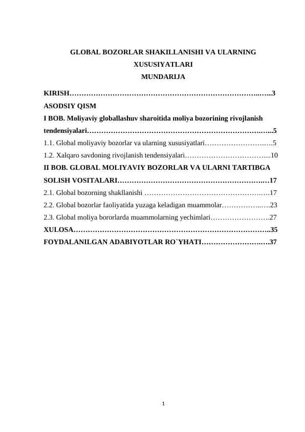 GLOBAL BOZORLAR SHAKILLANISHI VA ULARNING XUSUSIYATLARI