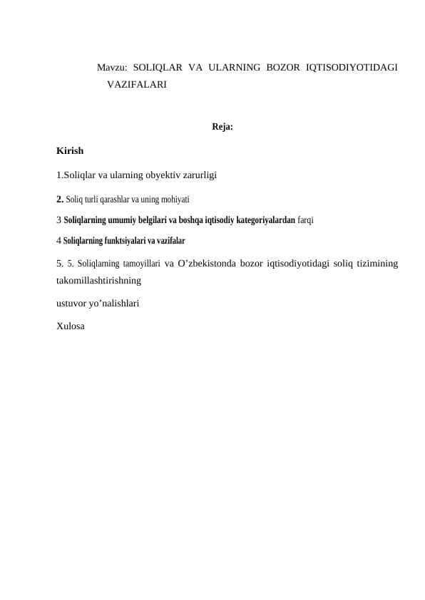 SOLIQLAR VA ULARNING BOZOR IQTISODIYOTIDAGI VAZIFALARI
