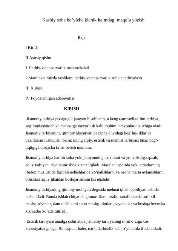 Kasbiy soha bo’yicha kichik hajmdagi maqola yozish