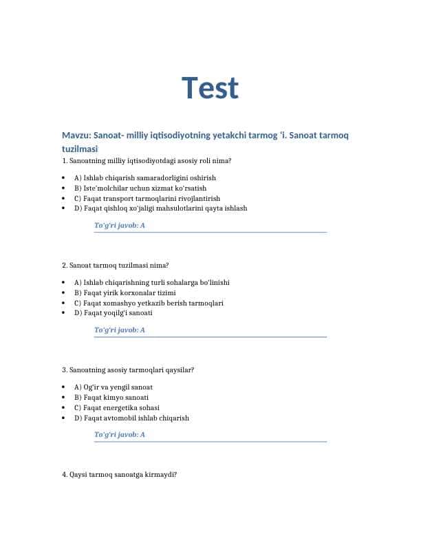 Mavzu: Sanoat- milliy iqtisodiyotning yetakchi tarmog ‘i. Sanoat tarmoq tuzilmasi. 100 TA TEST JAVOBLARI BILAN