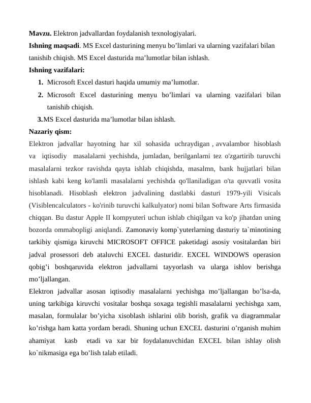 Elektron jadvallardan foydalanish texnologiyalari