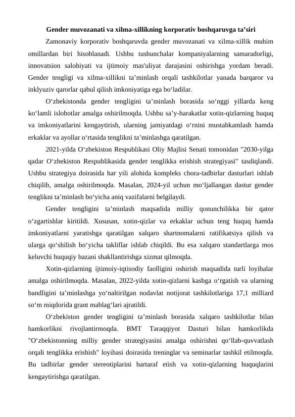 Gender muvozanati va xilma-xillikning korporativ boshqaruvga ta’siri
