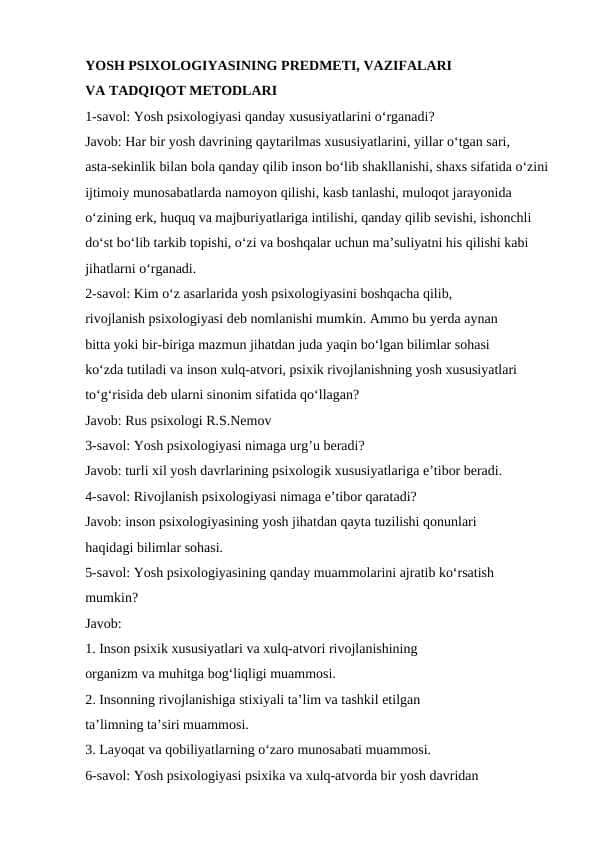 Yosh davrlari va pedagogik psixologiya fanidan mavzulashtirilgan savol-javoblar to'plami