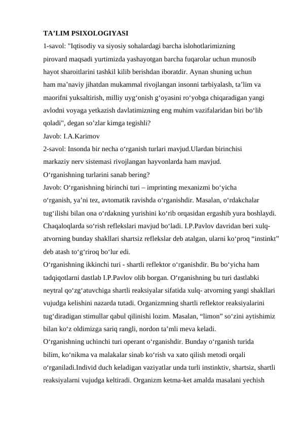 Yosh davrlari va pedagogik psixologiya fanidan mavzulashtirilgan savol-javoblar to'plami II