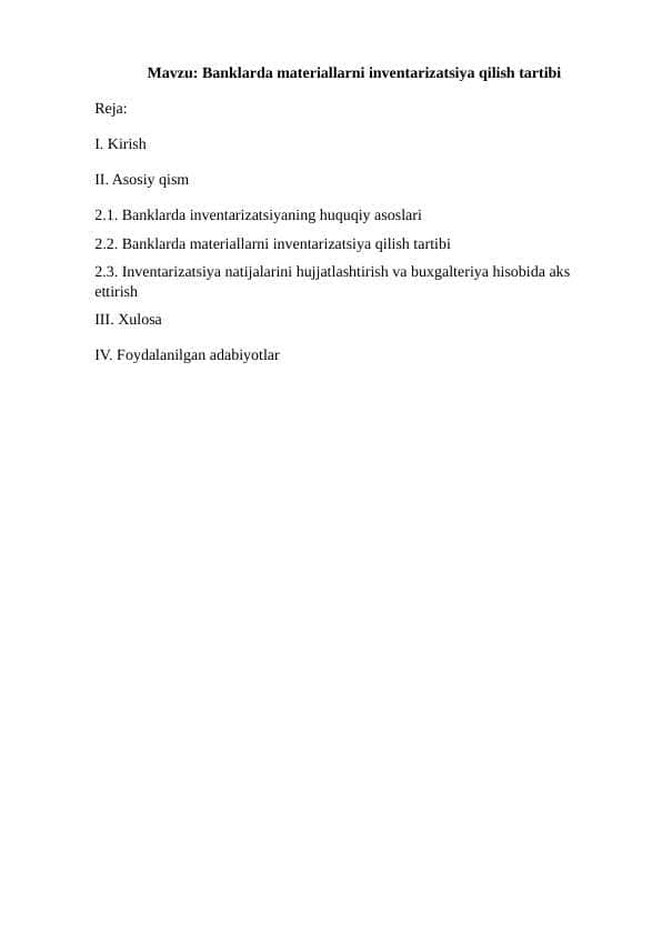 Banklarda materiallarni inventarizatsiya qilish tartibi