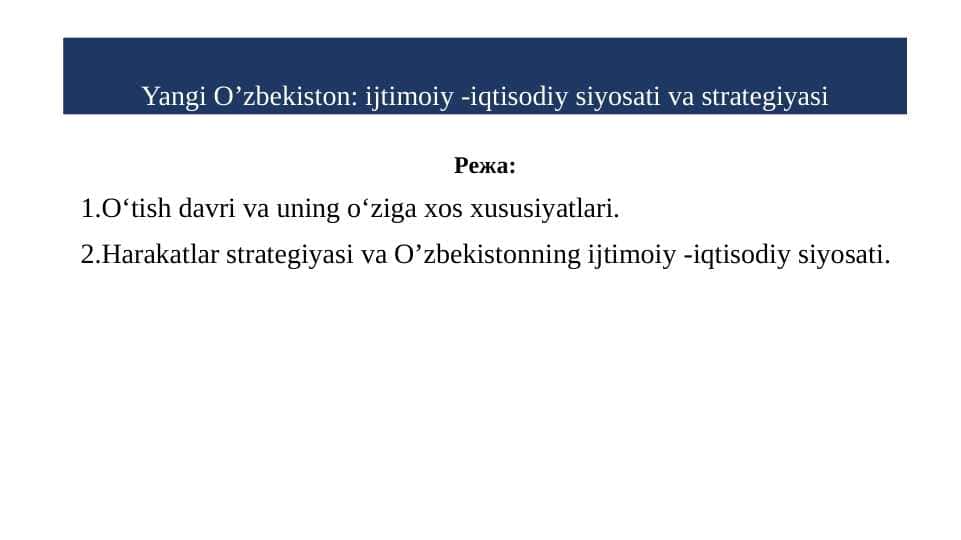 Yangi O’zbekiston: ijtimoiy -iqtisodiy siyosati va strategiyasi