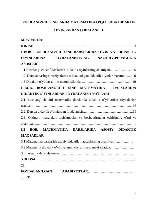 BOSHLANG’ICH SINFLARDA MATEMATIKA O’QITISHDA DIDAKTIK O’YINLARDAN FODALANISH