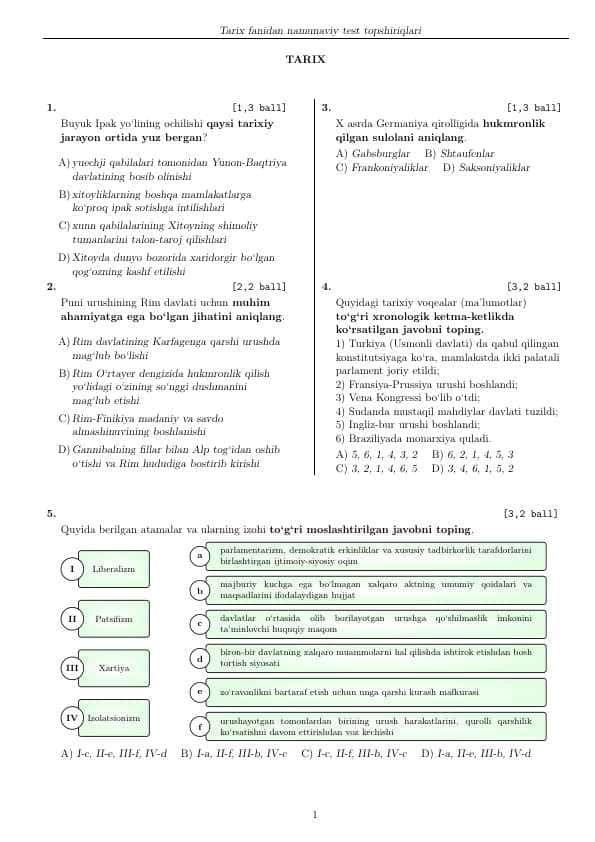 Tarix fanidan namunaviy test savollari