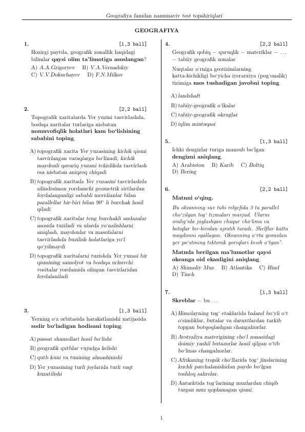 Geografiya fanidan namunaviy test savollari