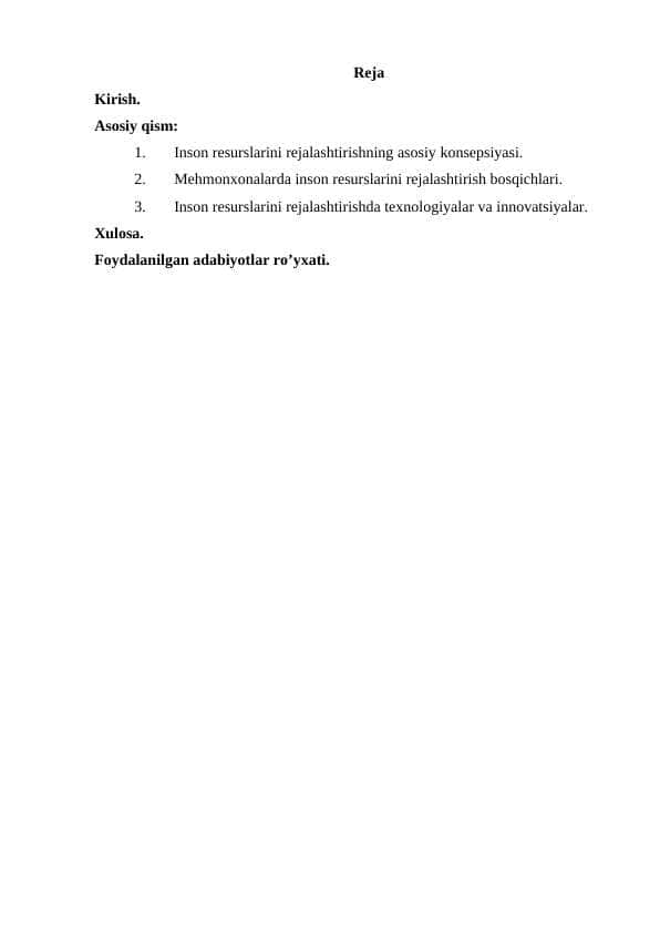 Mehmonxonalarda inson resurslarini rejalashtirish