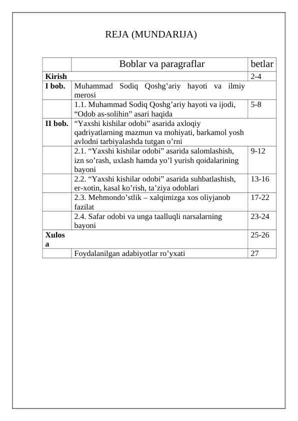 M.S.Qoshg'ariy Yaxshi kishilar odobi kurs ishi / Mustaqil ish