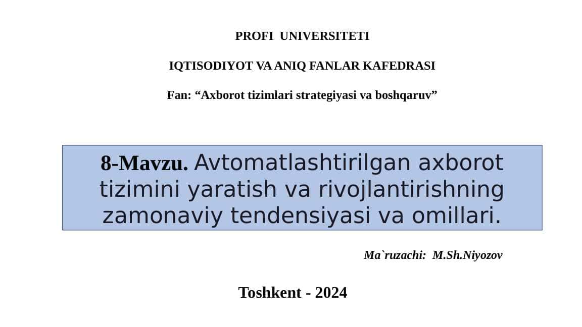 “Axborot tizimlari strategiyasi va boshqaruv