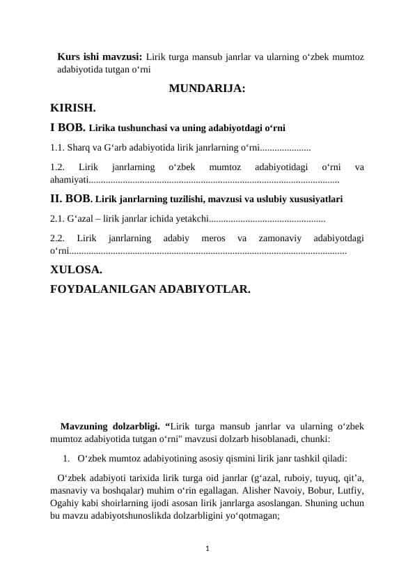 Lirik turga mansub janrlar va ularning o‘zbek mumtoz adabiyotida tutgan o‘rni