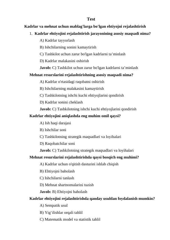 Kadrlar va mehnat uchun mablag'larga bo'lgan ehtiyojni rejalashtirish