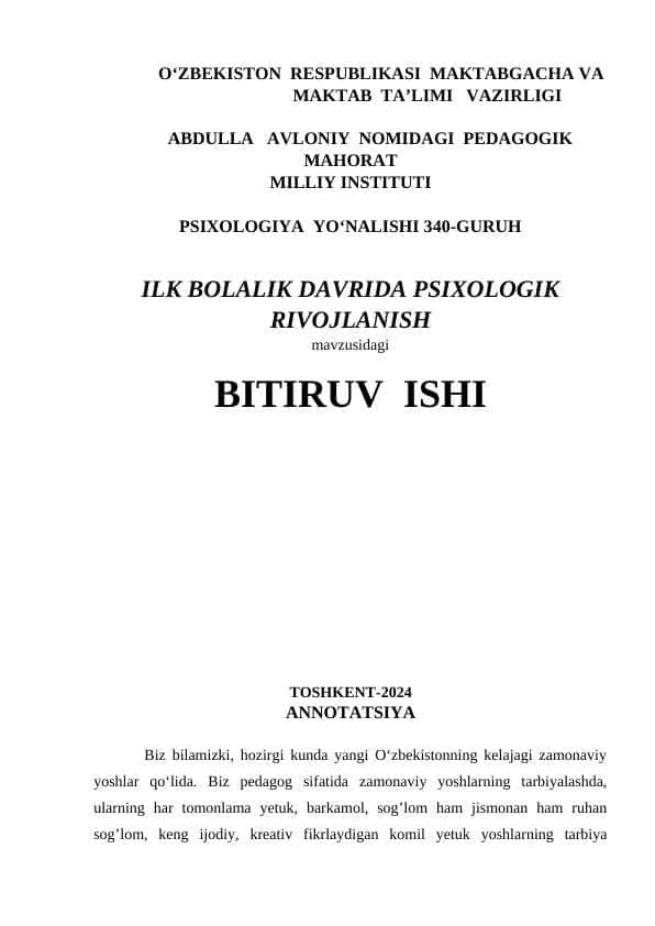 ILK BOLALIK DAVRIDA PSIXOLOGIK RIVOJLANISH