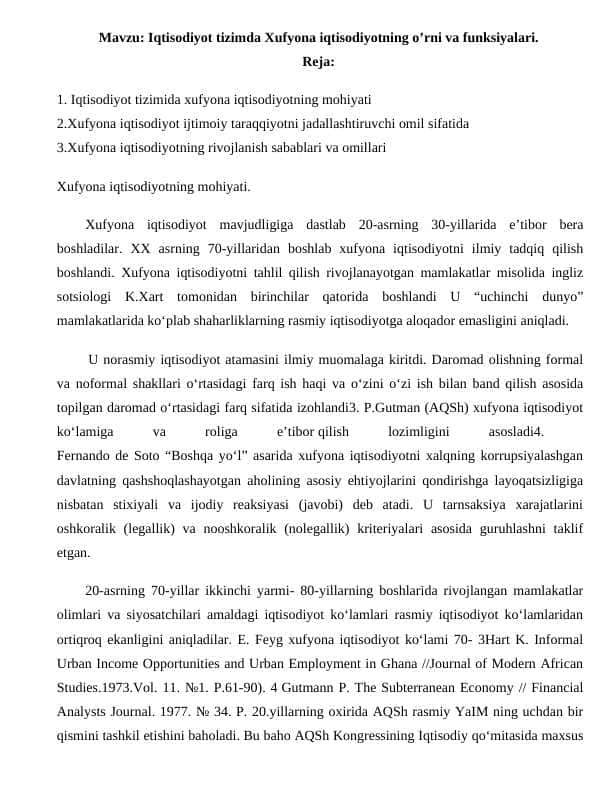 Iqtisodiyot tizimda Xufyona iqtisodiyotning o’rni va funksiyalari.